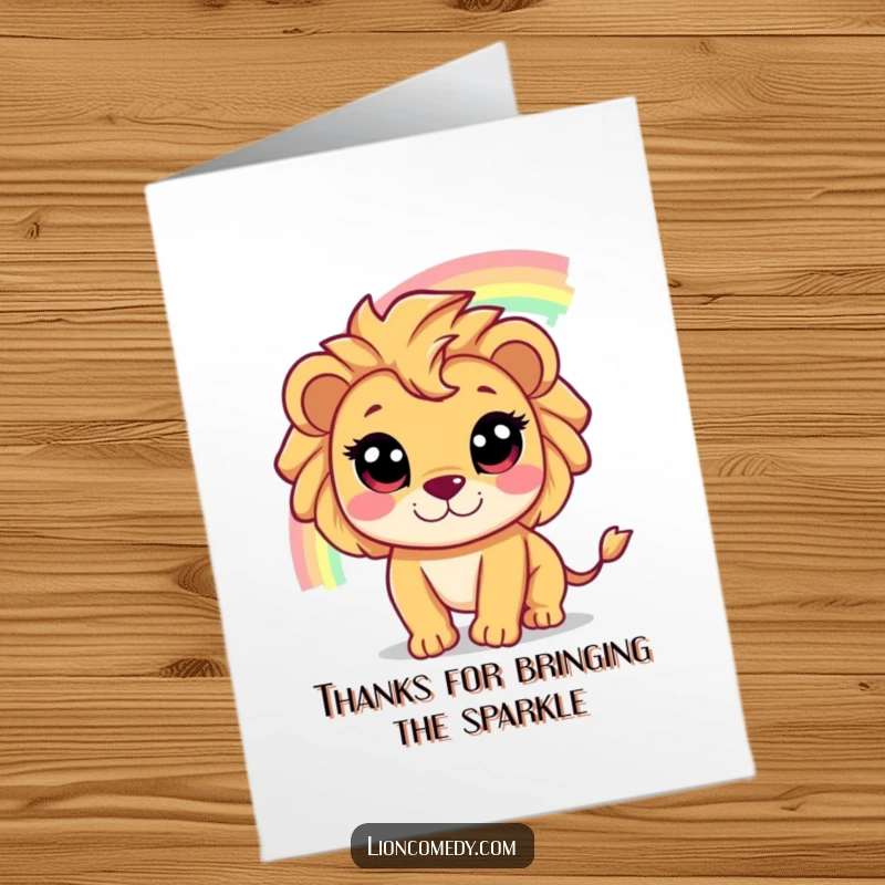 Funny Free Printable Thank You Card: A cute lion with wide eyes chases a shimmering rainbow, a magical way to say thank you.