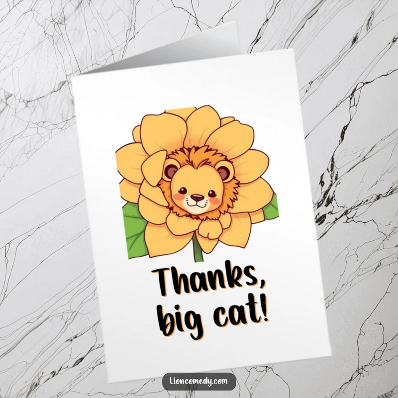 Funny Free Printable Thank You Card: A curious lion is shyly peeking from behind a large, beautiful flower.