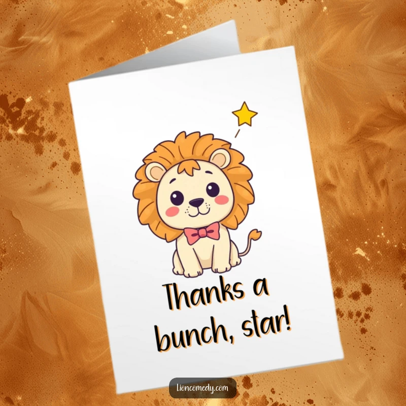 Funny Free Printable Thank You Card: Kawaii lion in bow tie surprised by falling star, unique downloadable greeting.