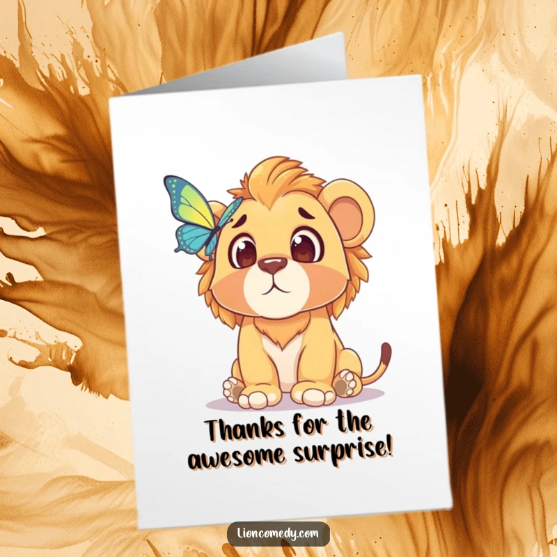 Funny Free Printable Thank You Card: A lion cub reacts with comical surprise to a thoughtful gesture.