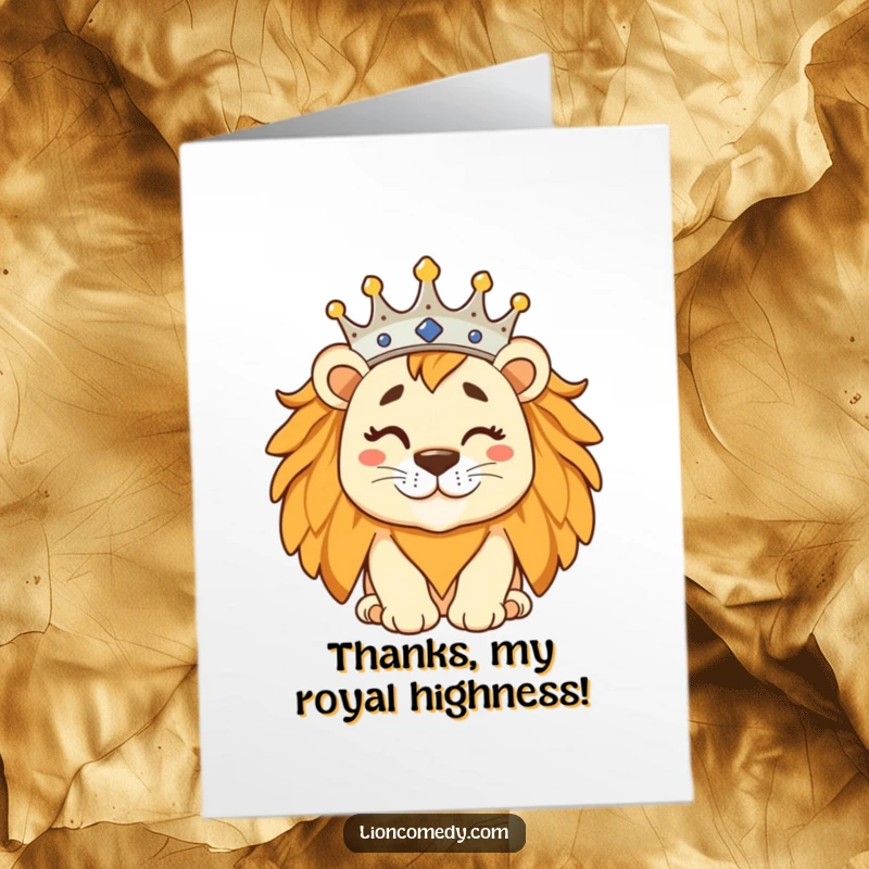 Funny Free Printable Thank You Card: A regal lion with a tilted crown winks playfully, delivering a humorous and grand thank you.
