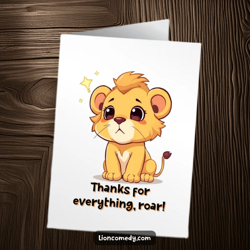 Funny Free Printable Thank You Card: a surprised lion cub gazes at a shooting star, expressing thanks.