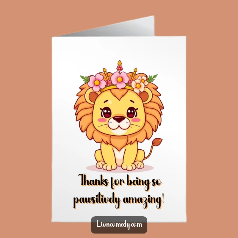 Free Printable Thank You Card: Kawaii Lion with Flower Crown Expresses Gratitude
