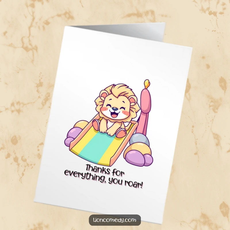 Funny Free Printable Thank You Card: Tiny lion gleefully sliding down a rainbow, sending thanks with a smile.