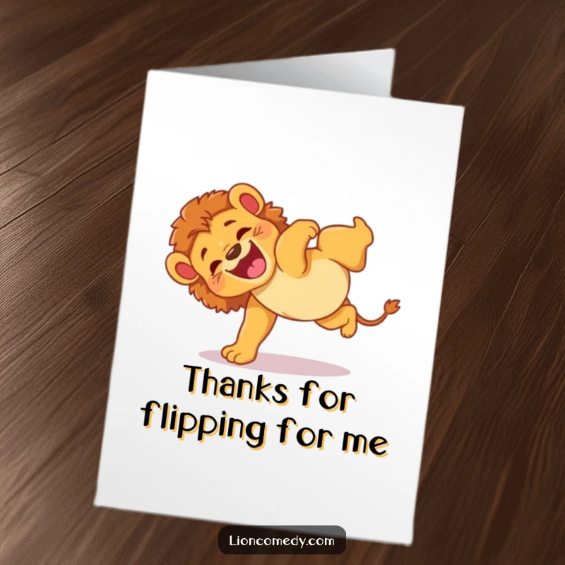 Funny Free Printable Thank You Card: An energetic lion cub does a clumsy somersault with glee, a fun way to say thank you.