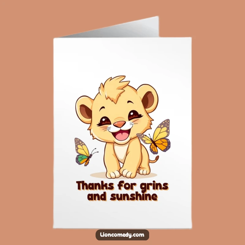 Free Printable Thank You Card: Lion Cub Butterfly Thanks, Funny Downloadable Gift