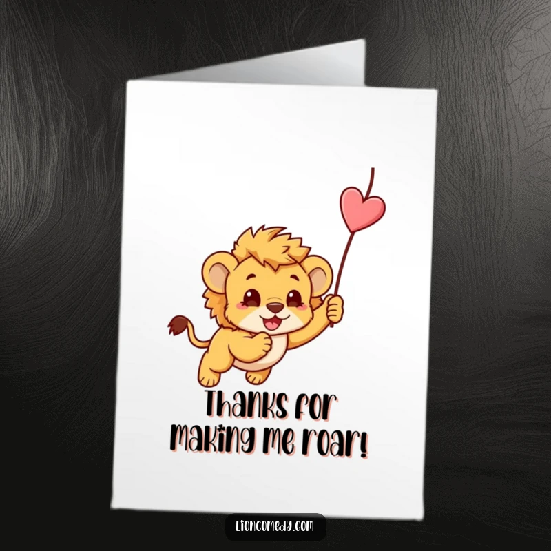 Funny Free Printable Thank You Card: A kawaii lion cub leaping playfully at a dangling string, conveying happy thanks.