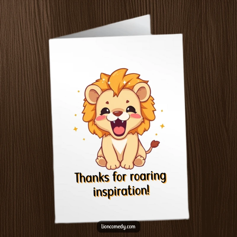 Funny Free Printable Thank You Card: A roaring lion cub with a mane full of tiny stars and sparkles saying thanks.