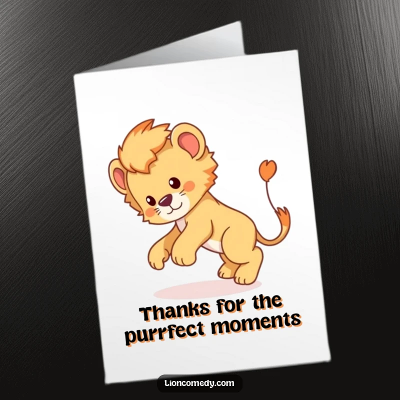 Funny Free Printable Thank You Card: Lion cub chasing its tail in a circle, a cute and downloadable greeting.