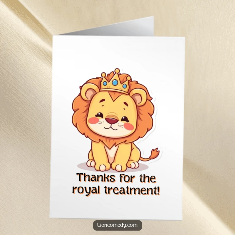 Funny Free Printable Thank You Card: A beautifully crowned kawaii lion adorably stumbles, adding humor to thanks.
