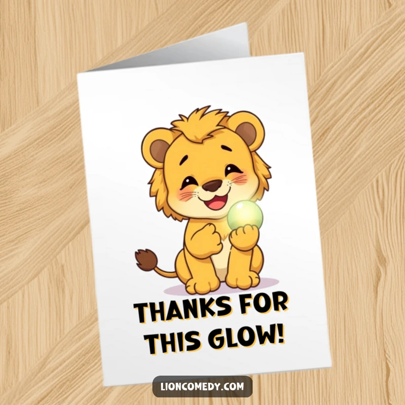 Funny Free Printable Thank You Card: A lion cub's infectious giggle accompanies a small, luminous orb it holds.