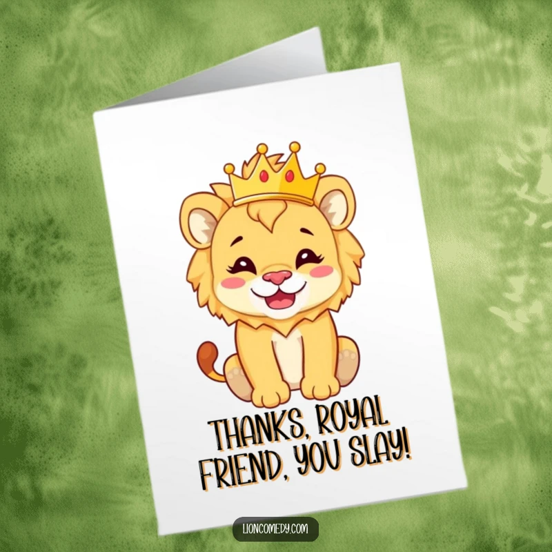 Funny Free Printable Thank You Card featuring a lion cub with a silly grin, a tiny crown perched perfectly, showing regal appreciation.