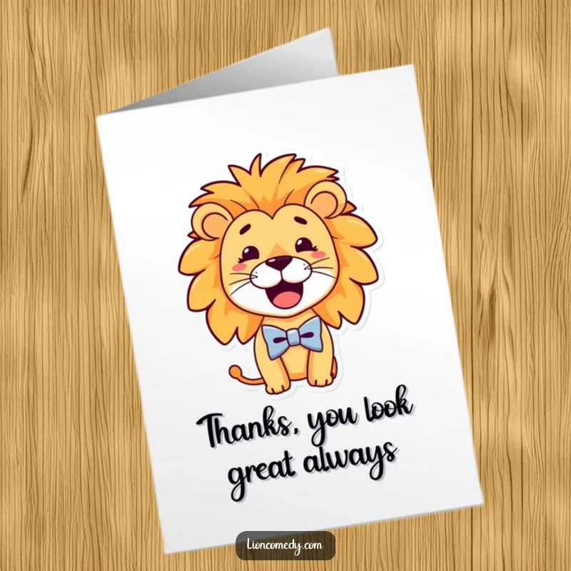 Funny Free Printable Thank You Card: A friendly lion with a goofy smile and a comically small bow tie.