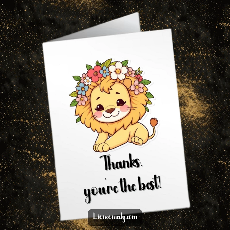 Free Printable Thank You Card: A kawaii lion with a mane of flowers, lazily stretching while expressing thanks.