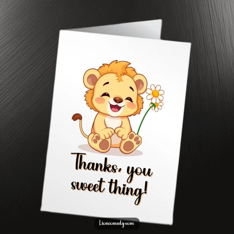 Funny Free Printable thank you card with a delighted lion cub wiggling its toes, tickled by a daisy.