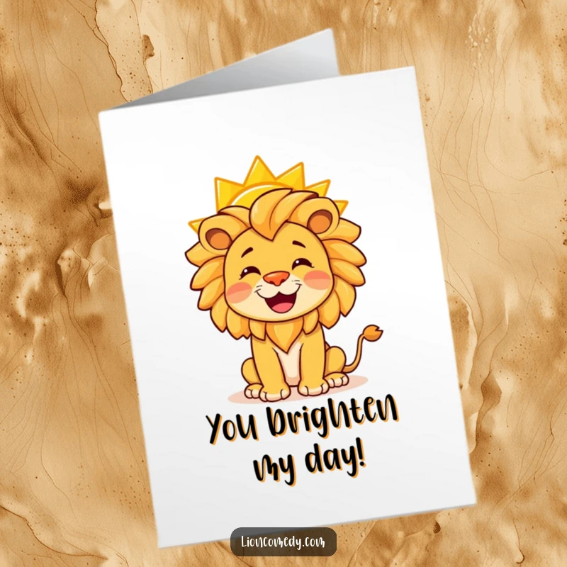 Funny free printable thank you card: a happy lion balancing a bright yellow sun on its nose.