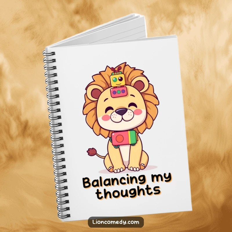 Funny Kawaii Lion Notebook: Cartoon lion balancing colorful toys on its nose, perfect for notes and doodles.