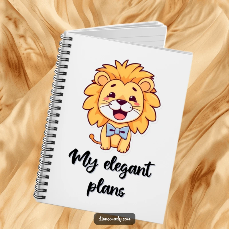 Funny Notebook showcasing a dapper lion with a goofy smile and a tiny bow tie, offering a stylish and humorous cover for notes.