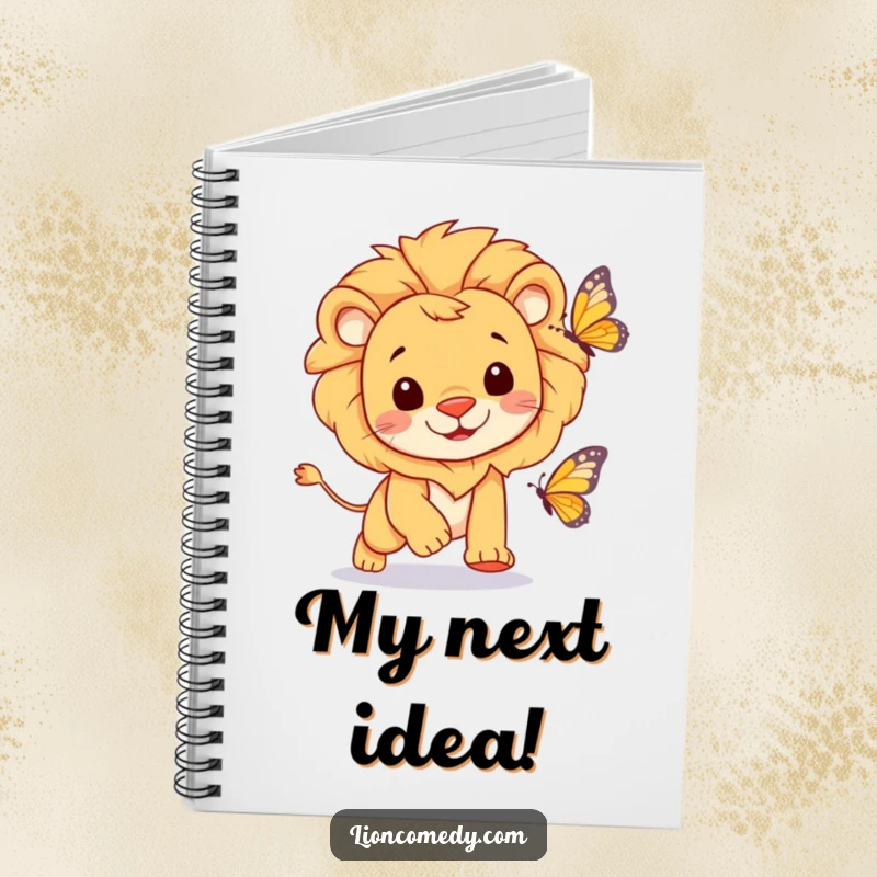 A notebook featuring a cheerful lion with a happy expression chasing a butterfly, perfect for jotting down joyful ideas.