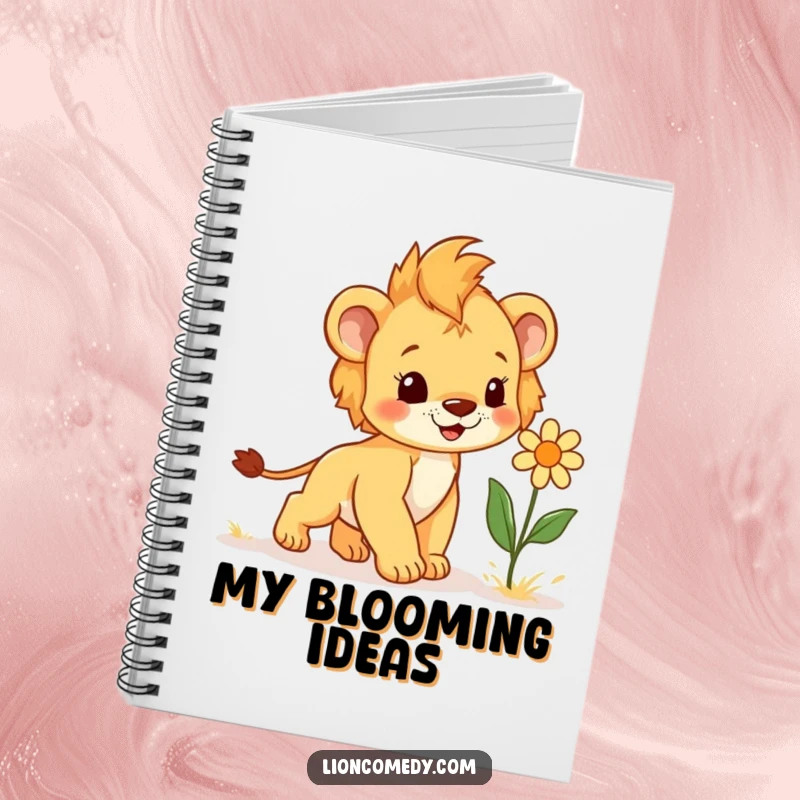 Funny Notebook showcasing a joyful lion cub approaching a giggling flower, offering a cheerful and humorous cover for notes.