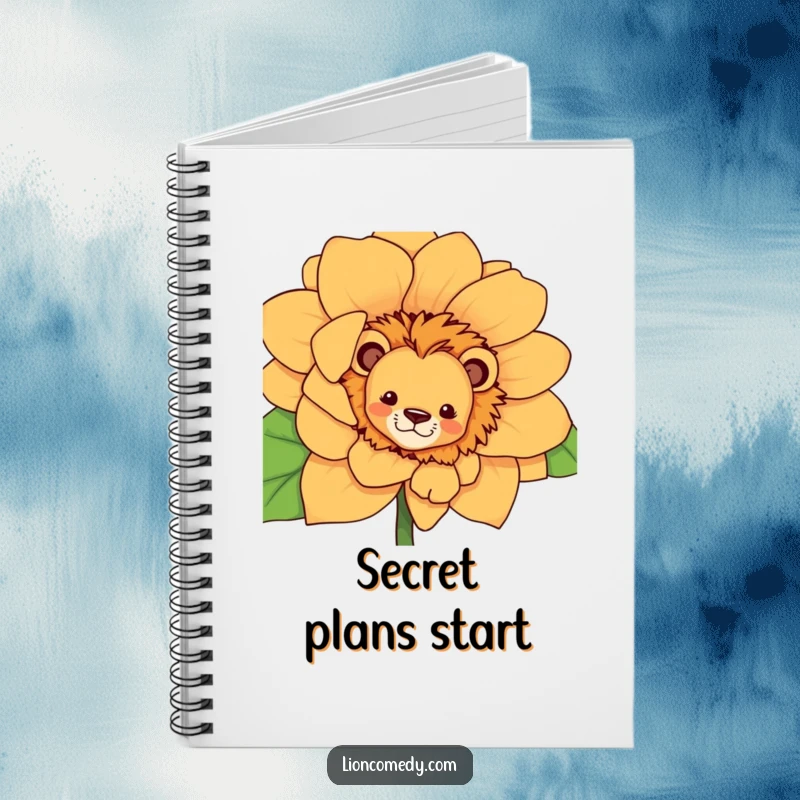 Funny curious lion notebook, featuring a lion peeking from behind a large flower, perfect for capturing your thoughts.