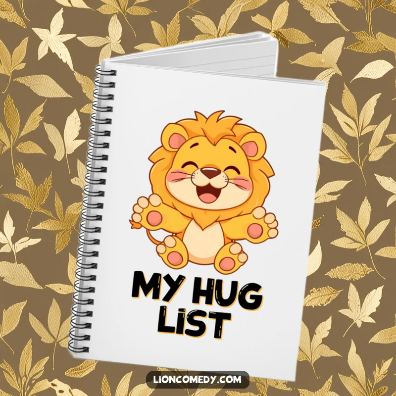 Funny Notebook showcasing a happy lion with paws outstretched, ready for a hug, offering a warm and humorous cover for notes.