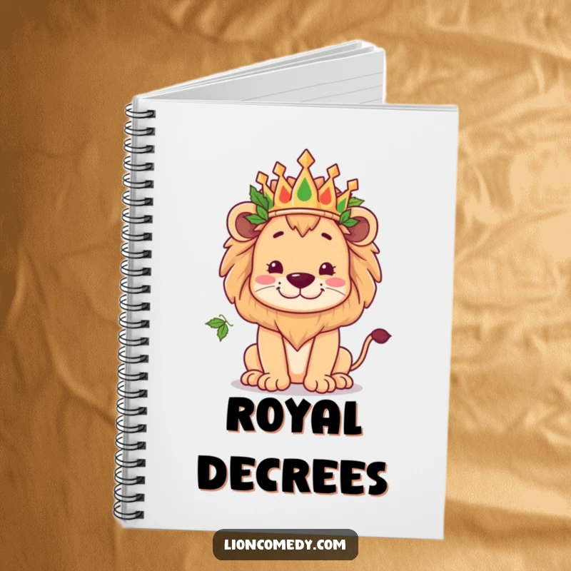 Funny kawaii lion wearing a crown of leaves, striking a kingly yet goofy pose, on a notebook cover.