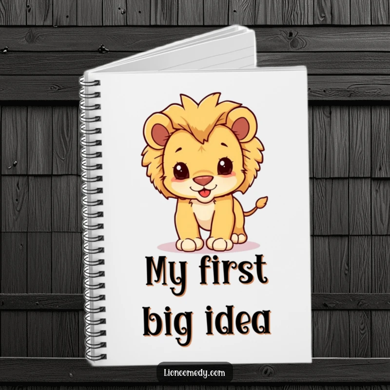 Funny notebook with a kawaii lion cub mid-pounce, perfect for jotting down playful thoughts and ideas.