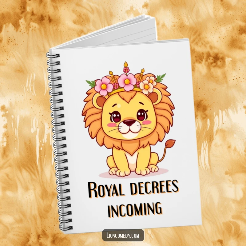 Funny Kawaii Lion Notebook, featuring a proud lion balancing a floral crown, perfect for writing, sketching, and capturing majestic ideas with humor.