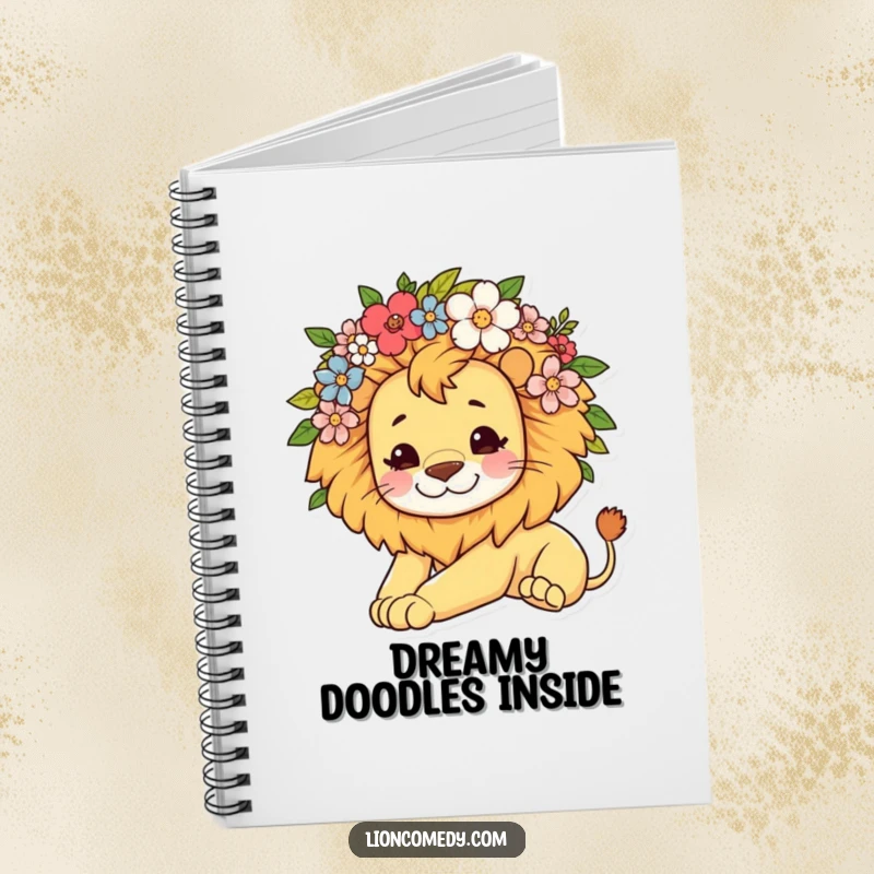 Funny notebook with a kawaii lion character and a flower mane, stretching lazily, perfect for note-taking and relaxation.