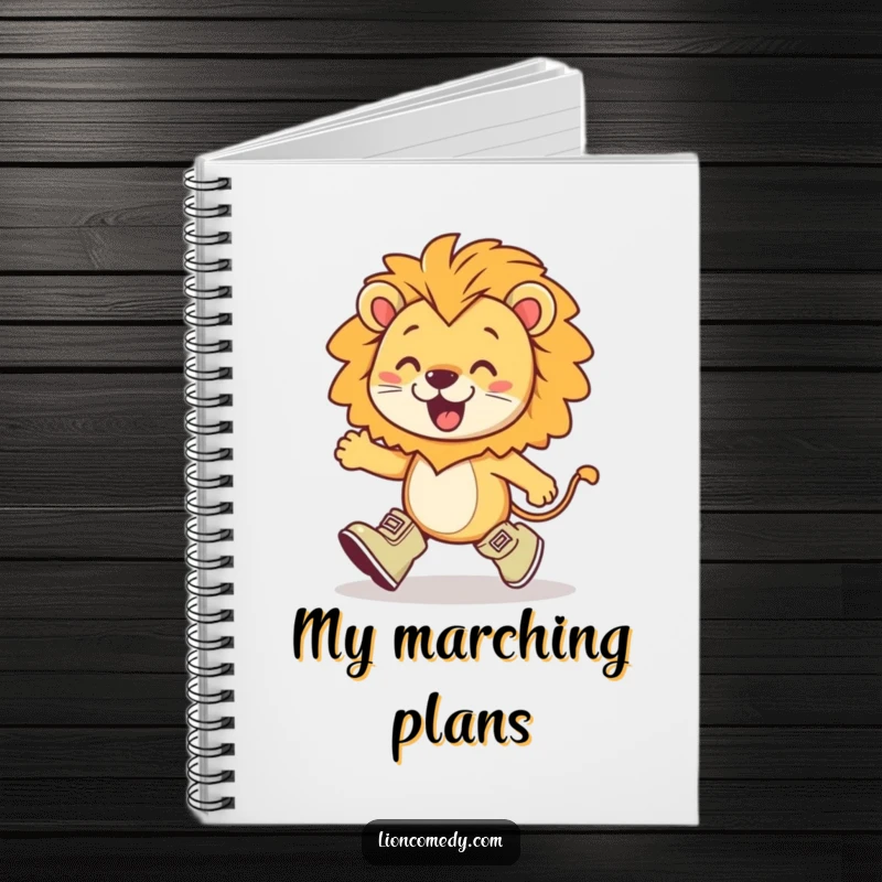 Funny kawaii lion wearing tiny boots, marching with exaggerated enthusiasm, designed for organized and cheerful note-taking in a notebook.
