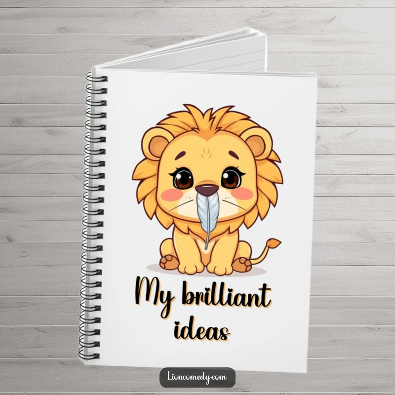 Funny Kawaii lion notebook featuring a lion concentrating on balancing a feather on its nose. Ideal for jotting down focused thoughts. Humorous.