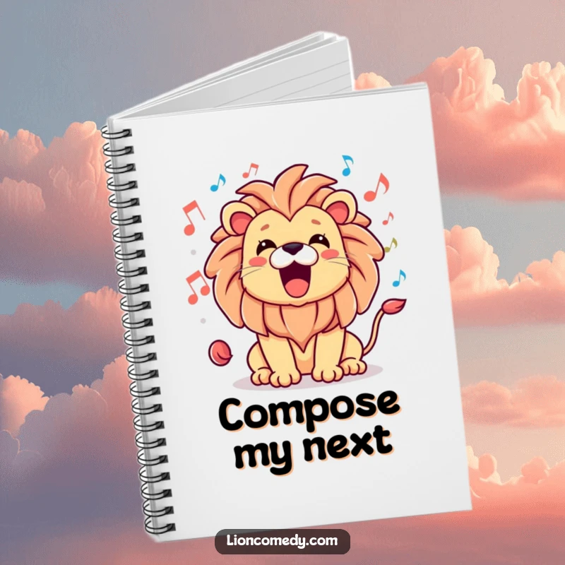 Funny notebook with a kawaii lion roaring, surrounded by musical notes, perfect for musical thoughts.
