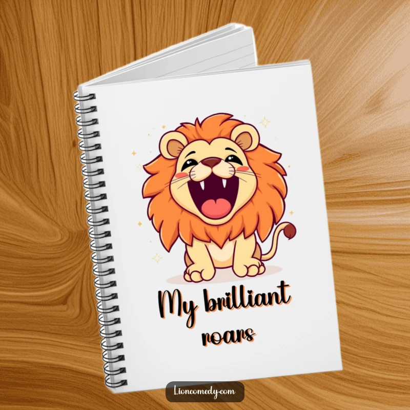 Funny kawaii lion roaring with exaggerated joy, sparkling background, encouraging creative expression and joyful note-taking in a notebook.