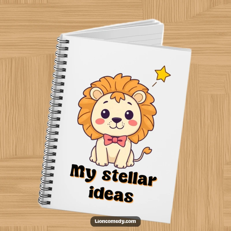 Funny Kawaii Lion Notebook: A surprised cartoon lion in a bow tie with a falling star, perfect for notes and humor.
