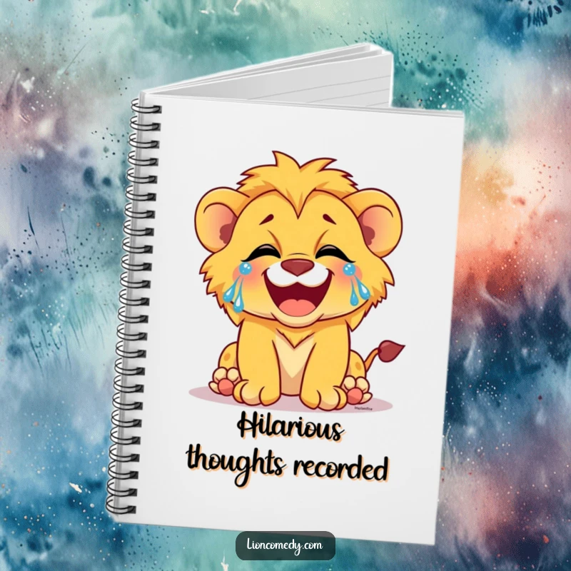 Funny notebook with a lion cub laughing with tears of joy, ideal for jotting down happy thoughts.