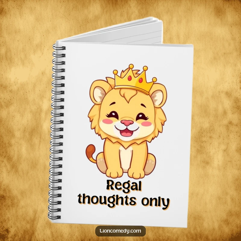 Funny Notebook with a lion cub wearing a silly grin and a tiny crown, inspiring regal and humorous writing.