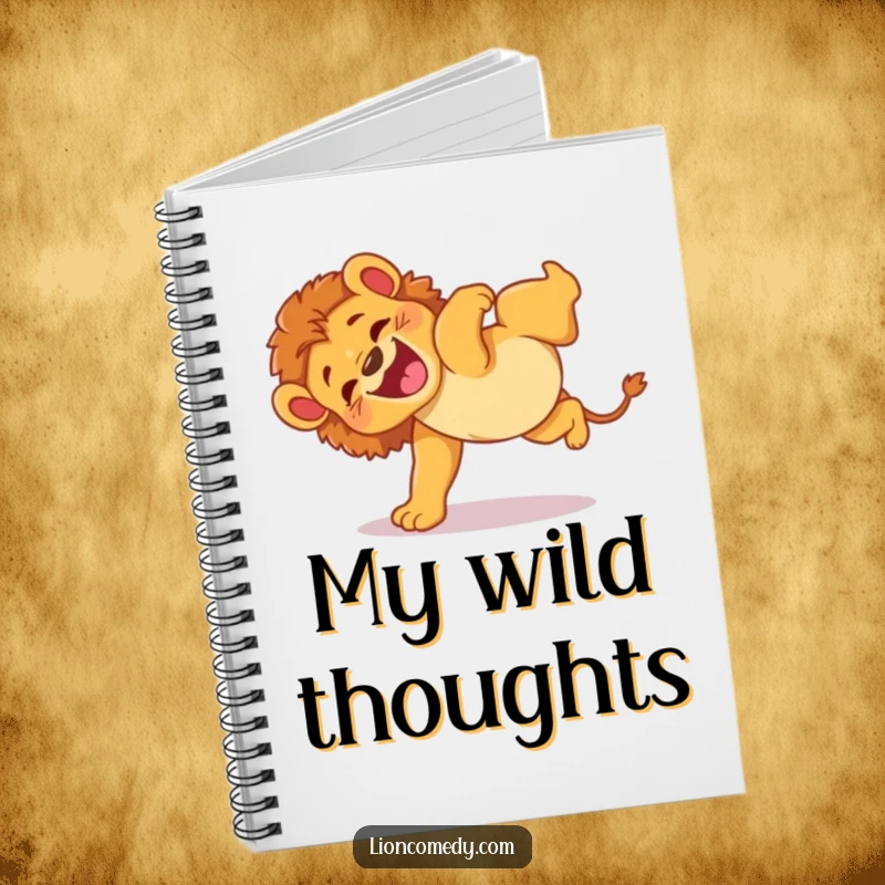 Funny notebook with an energetic lion cub performing a clumsy somersault with glee, designed for capturing playful thoughts.
