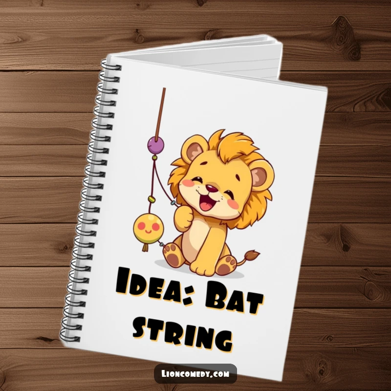 Funny lion cub notebook showing a cub comically batting at a dangling string toy with its paws, full of playful energy.