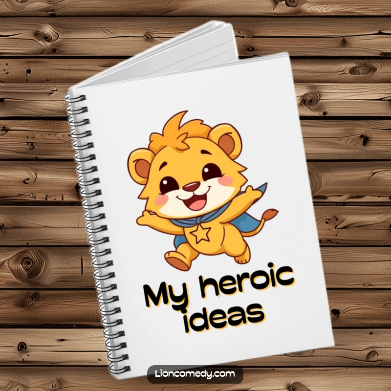 Funny notebook with a smiling lion cub in a superhero cape, flying joyfully, designed for capturing heroic ideas.