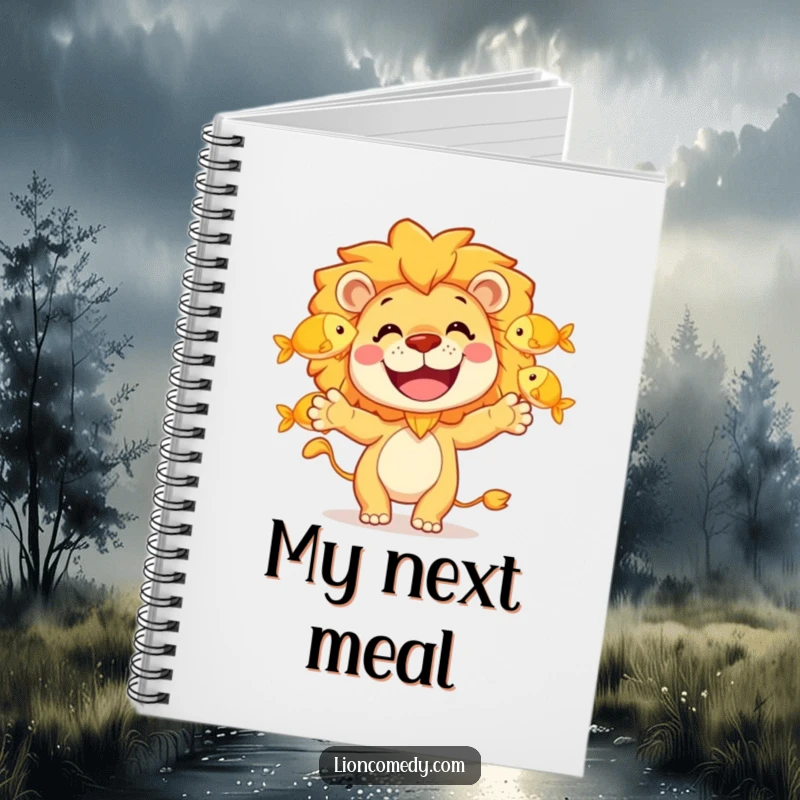 Funny notebook with a happy lion character juggling three golden fish, grin wide, designed for recording thoughts with humor.