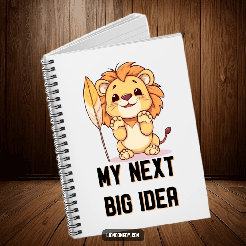 Funny notebook cover featuring a small lion cub with paws raised, excitedly about to pounce on a feather.