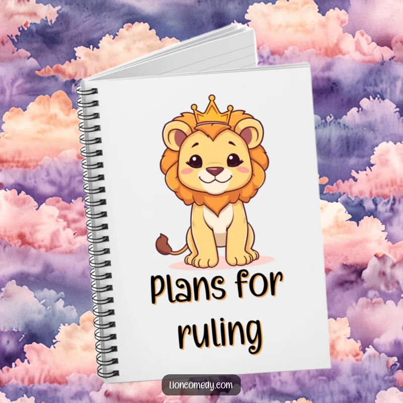 Funny notebook with a proud lion cub standing tall and wearing a small crown, ideal for jotting down ideas.