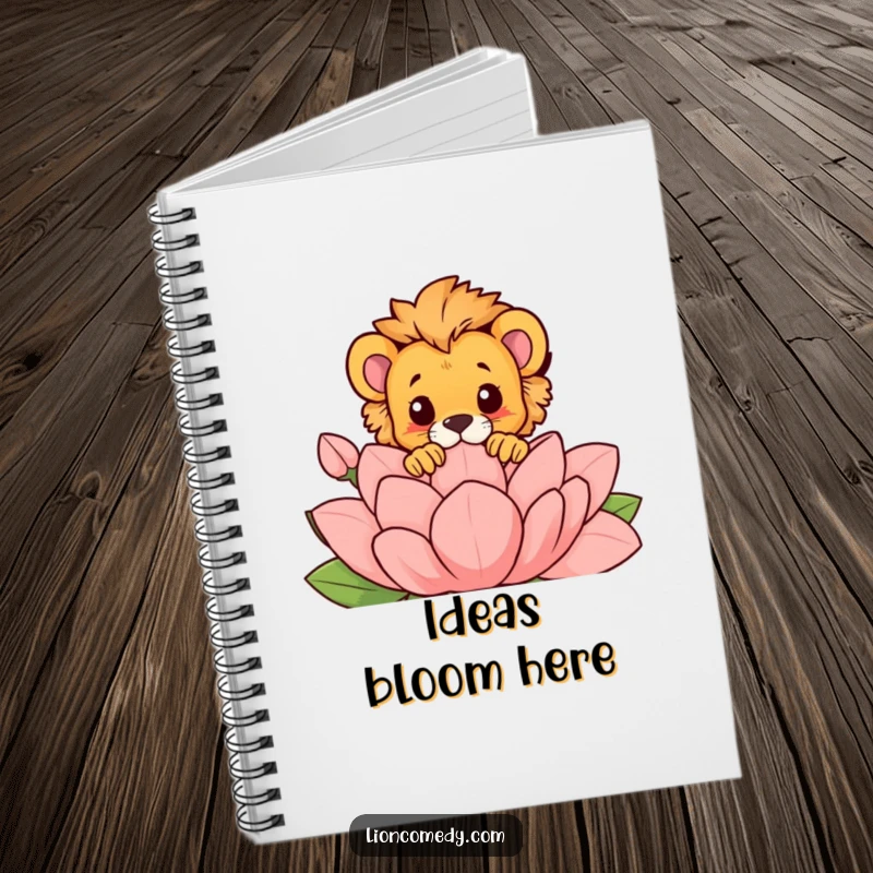 Funny notebook cover featuring a lion cub playfully peeking over a large, stylized flower, great for journaling and notes.