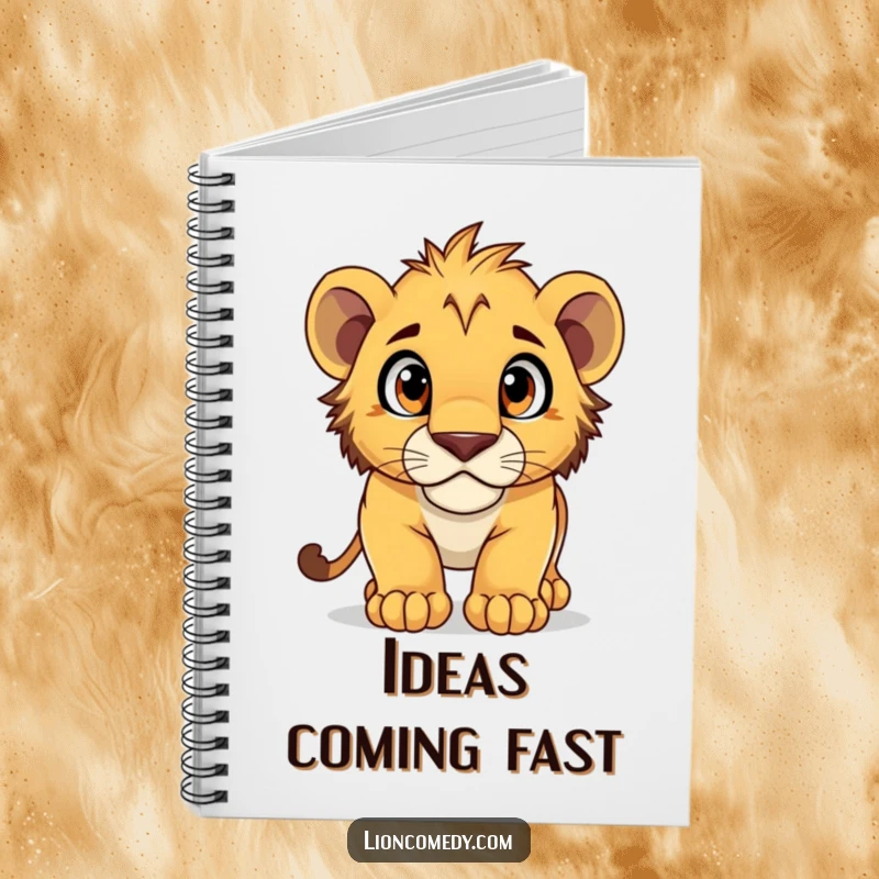 Funny Notebook with a lion cub pouncing forward, eyes wide with curiosity, inspiring playful note-taking.