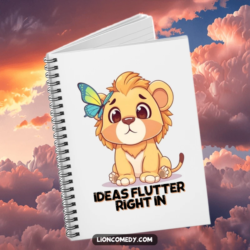 Funny notebook cover featuring a lion cub with a comically surprised expression encountering a butterfly, great for journaling and notes.
