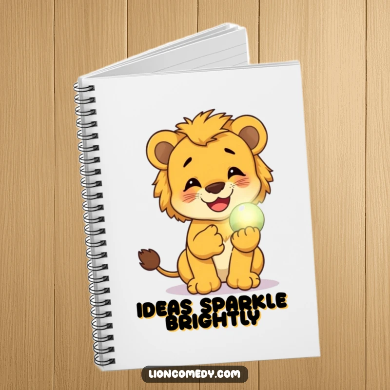 Funny notebook cover featuring a lion cub giggling while holding a small, glowing magical orb, great for journaling and notes.