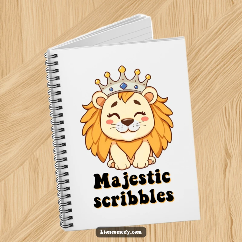 A notebook featuring a silly lion with a tilted crown, winking, perfect for jotting down regal ideas.