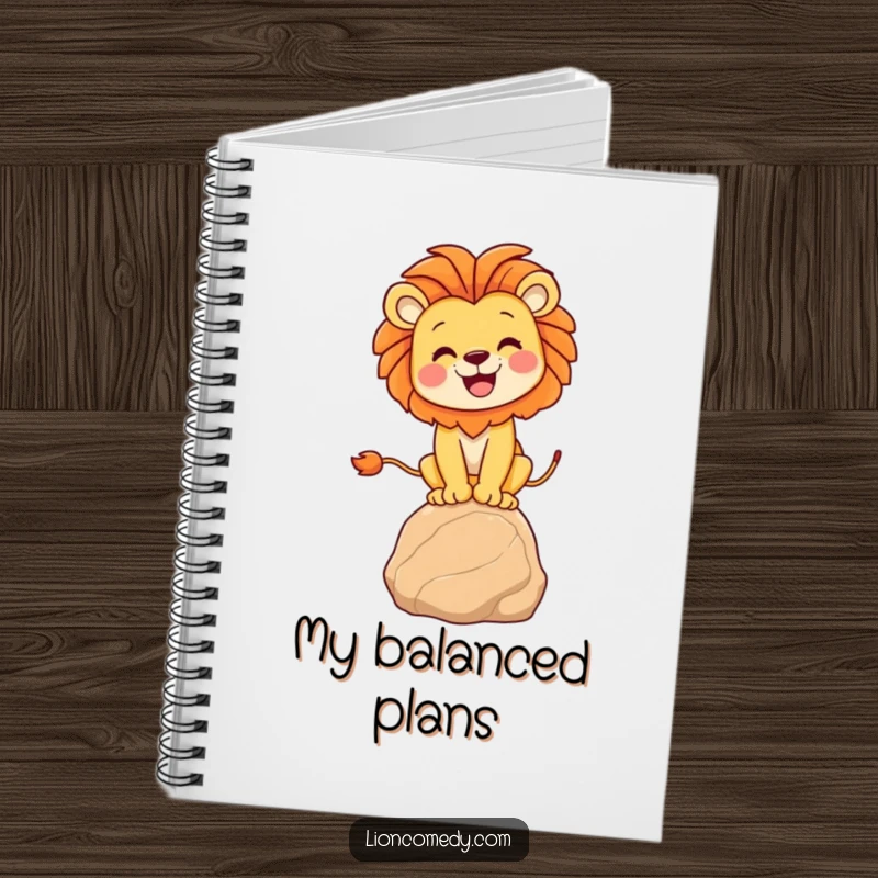 Funny lion balancing notebook featuring a joyful lion on a rock, designed for jotting down notes with a theme of courage and humor.