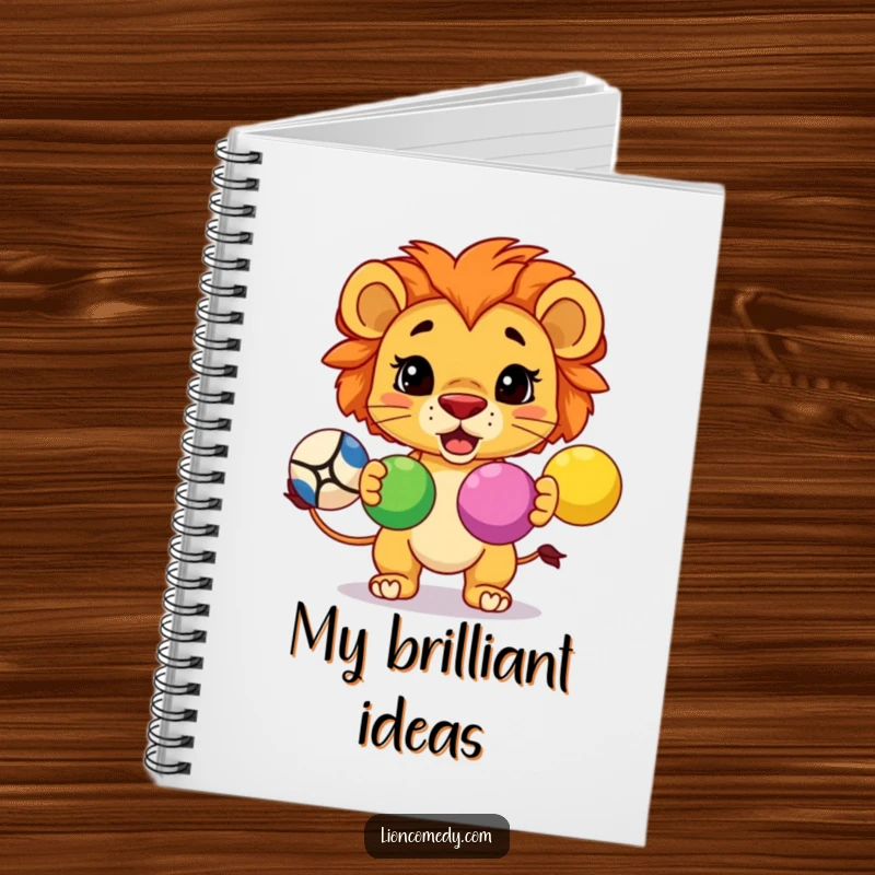 Funny notebook with a determined kawaii lion juggling three colorful balls, perfect for jotting notes.